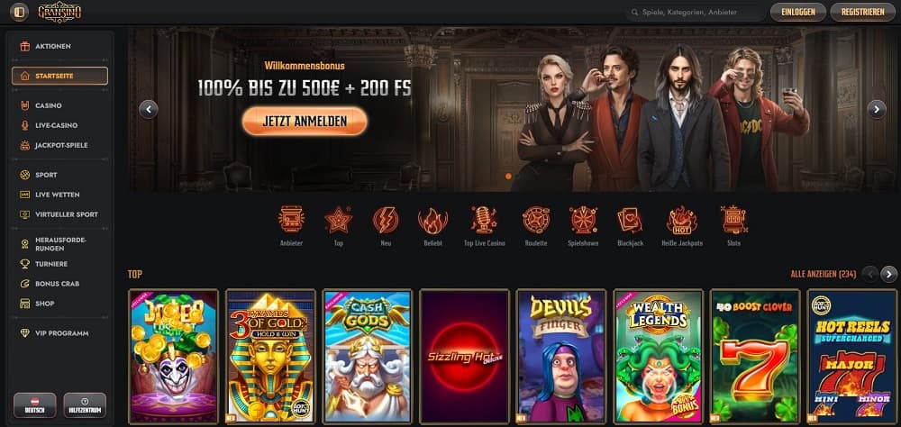 Screenshot einer Gransino Casino-Startseite auf Deutsch mit einem Willkommensbonus von '100% bis zu 500€ + 200 Freispiele.'